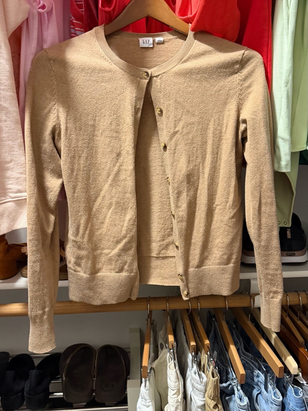 GAP Tan Classic Crewneck Button-Front Cardigan Small